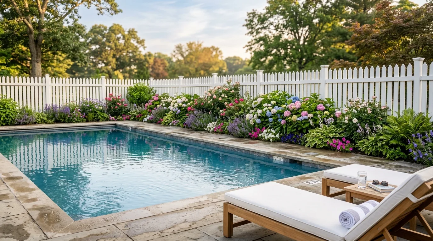 Pool Area With White Picket Fence